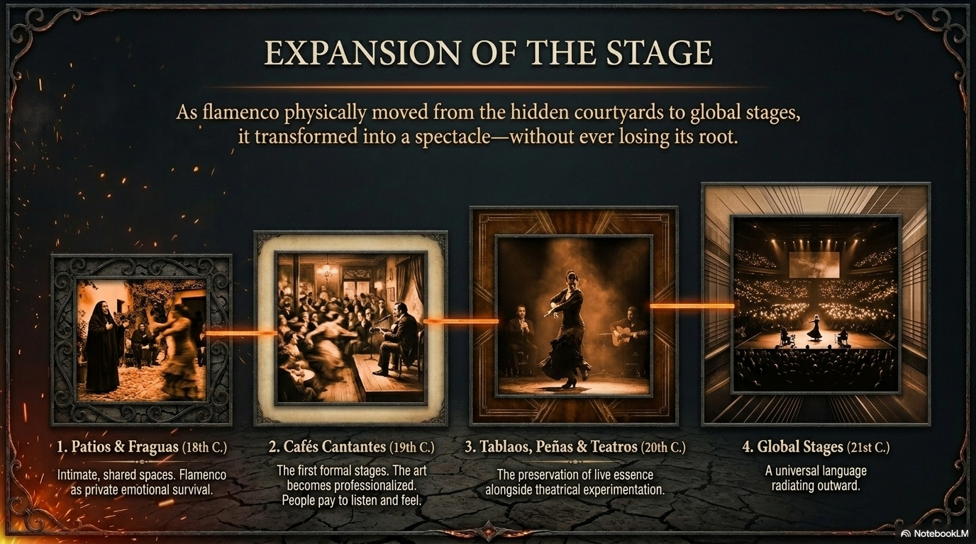 Expansion of the Stage — patios, cafés, tablaos, global.