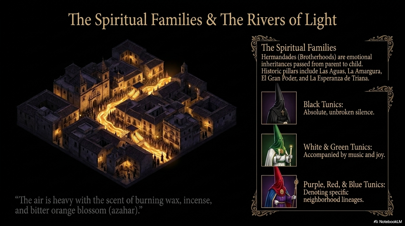 The spiritual families and the rivers of light through the streets of Seville.