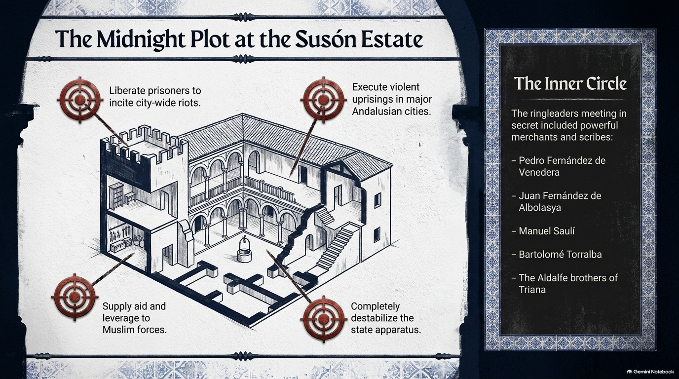 Merchants and scribes plotting a revolt behind closed doors.