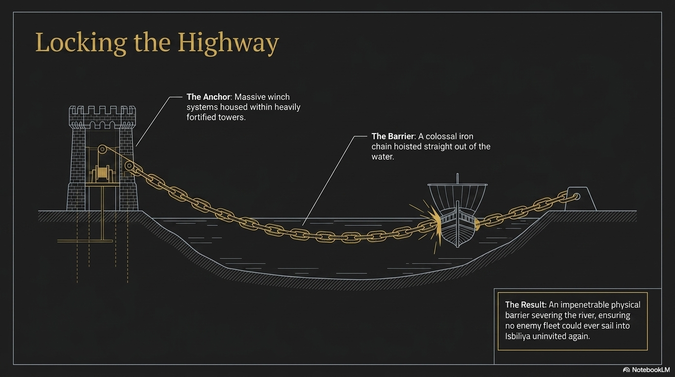 The anchor, the barrier, the result — locking the river against enemy fleets.