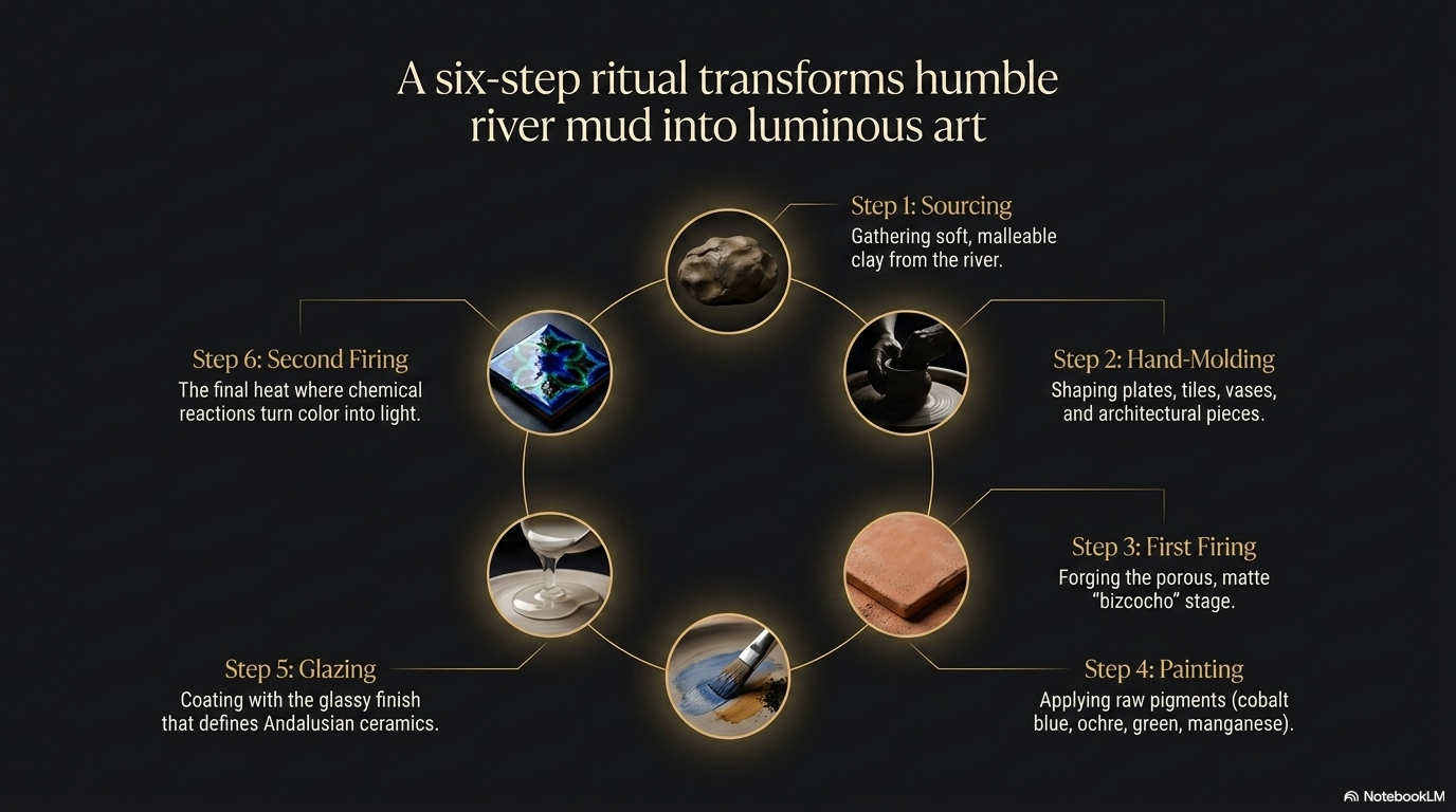 A six-step ritual transforms humble river mud into luminous art.