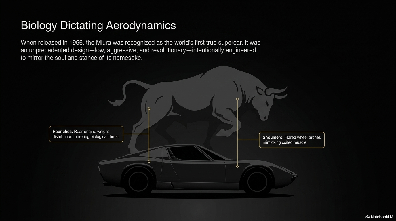 Biology dictating aerodynamics — the Miura, born in 1966, low and coiled like the animal itself.