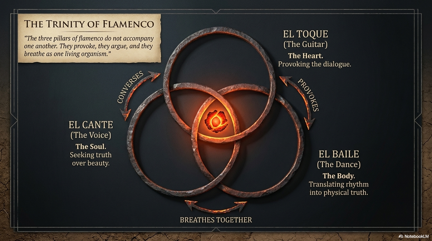 The Trinity of Flamenco — three rings, one living fire.