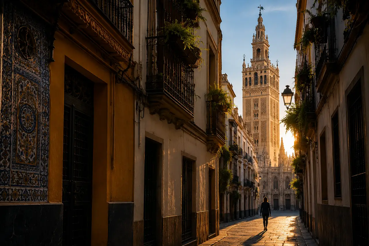 Sevillian street at sunset with the Giralda in the background