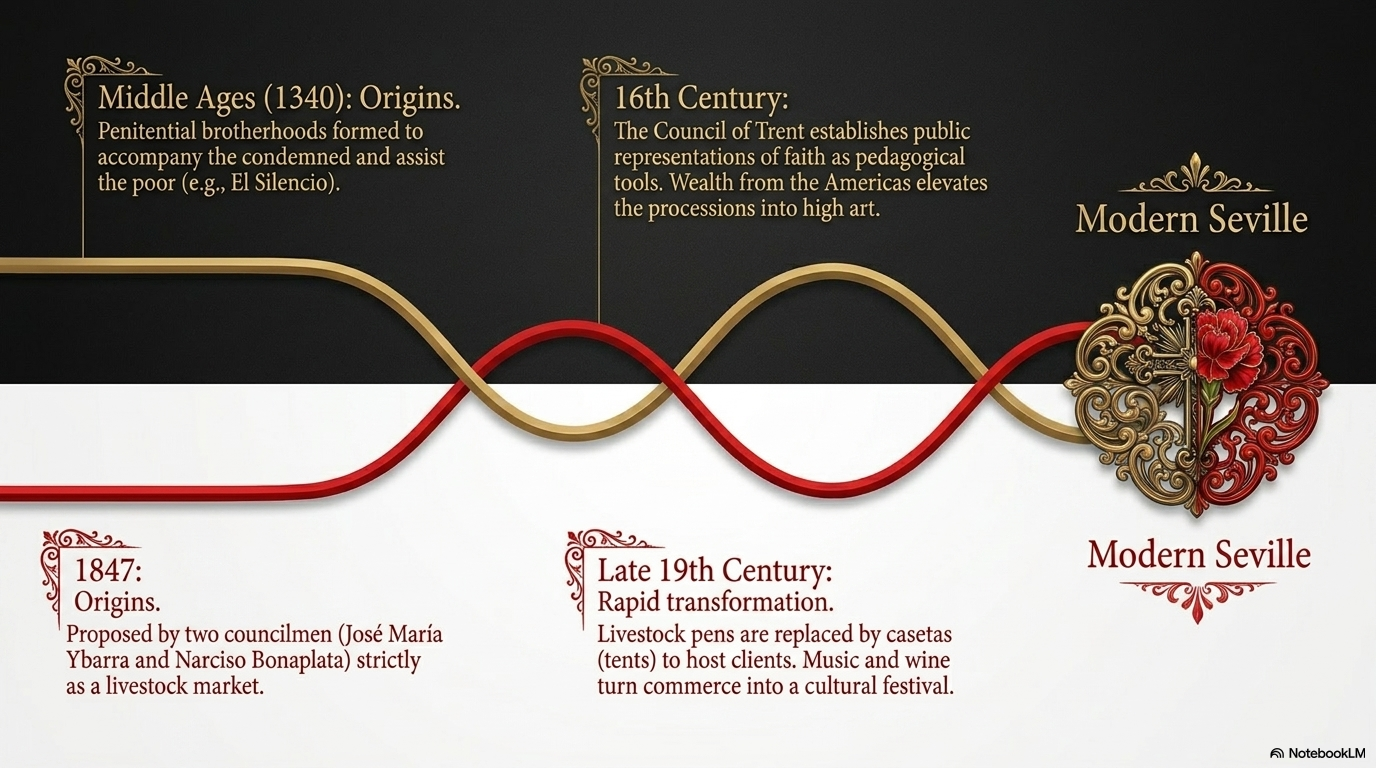 From medieval penitential brotherhoods to modern Seville — a timeline of faith and art.