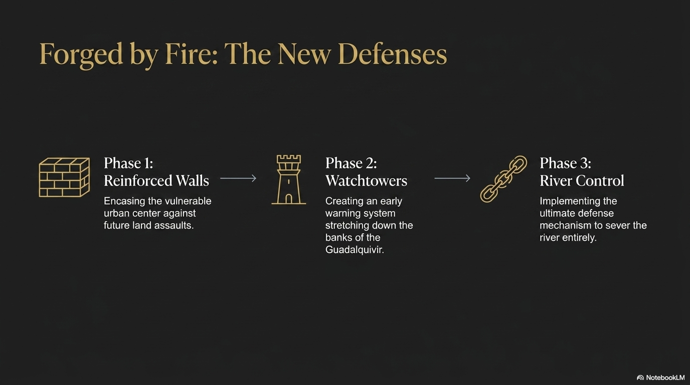 Three phases — reinforced walls, watchtowers and river control.