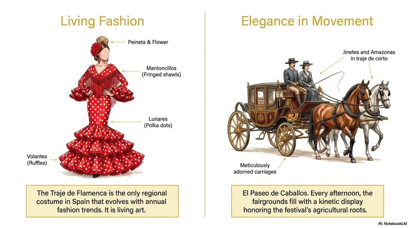 Living fashion and elegance in movement — the traje de flamenca and el paseo de caballos.