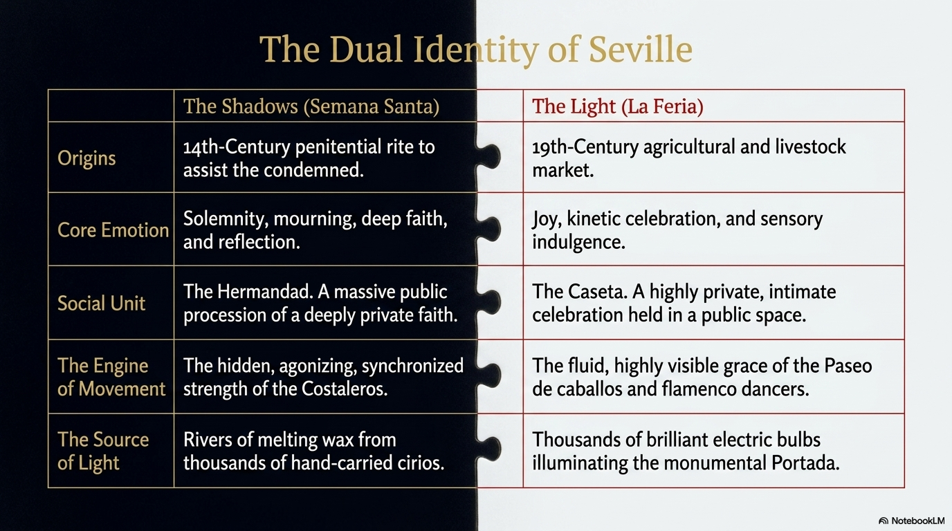 The dual identity of Seville — origins, emotion, social unit, movement, and light.