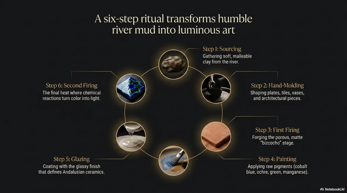 A six-step ritual transforms humble river mud into luminous art.