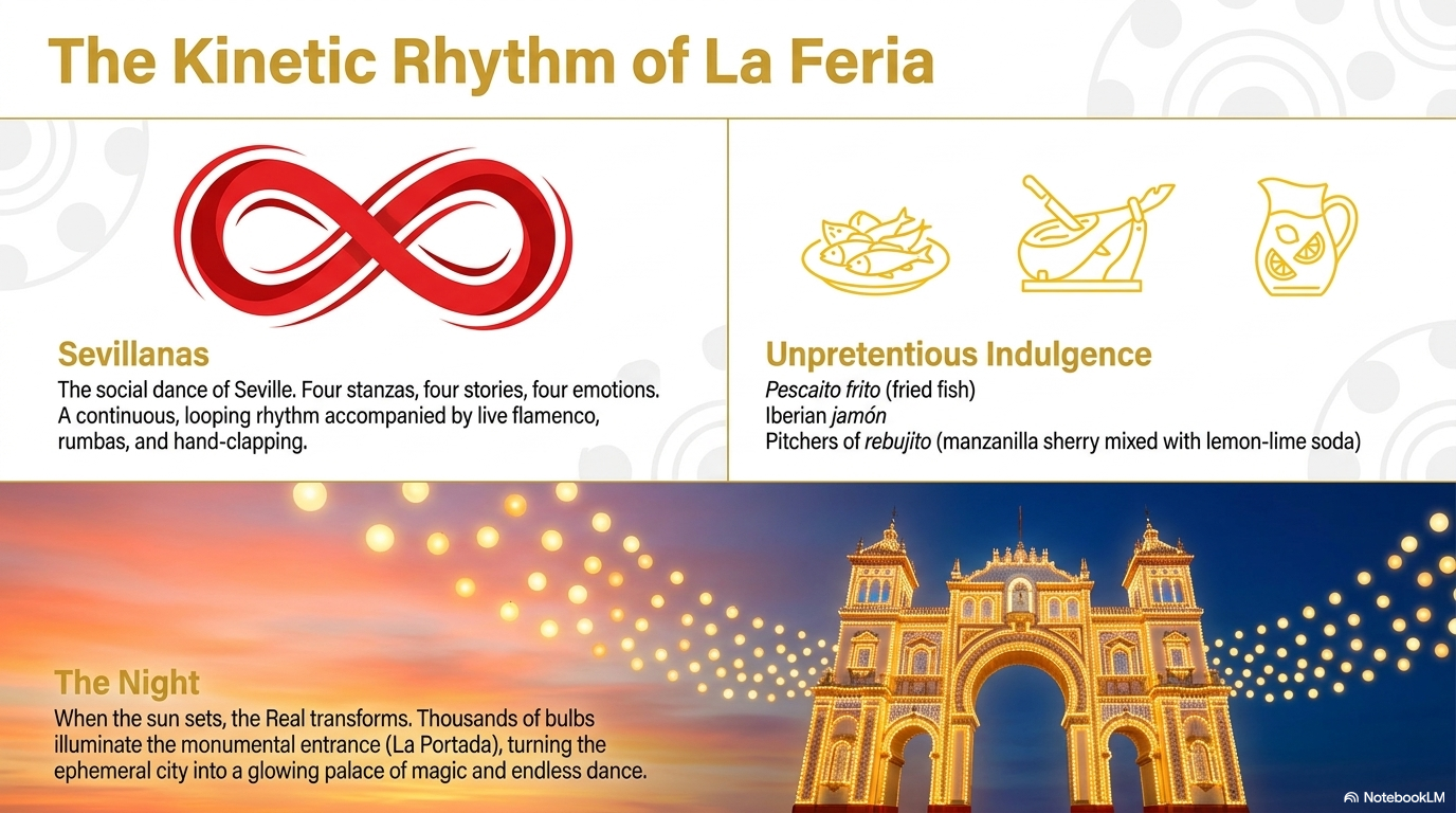 The kinetic rhythm of La Feria — sevillanas, rebujito, and the night that never ends.