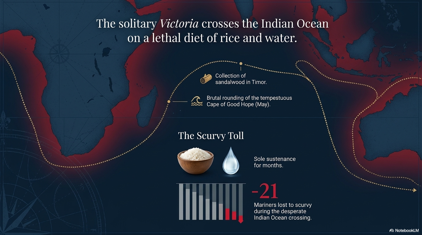 Crossing the Indian Ocean on rice and water — 21 lost to scurvy.