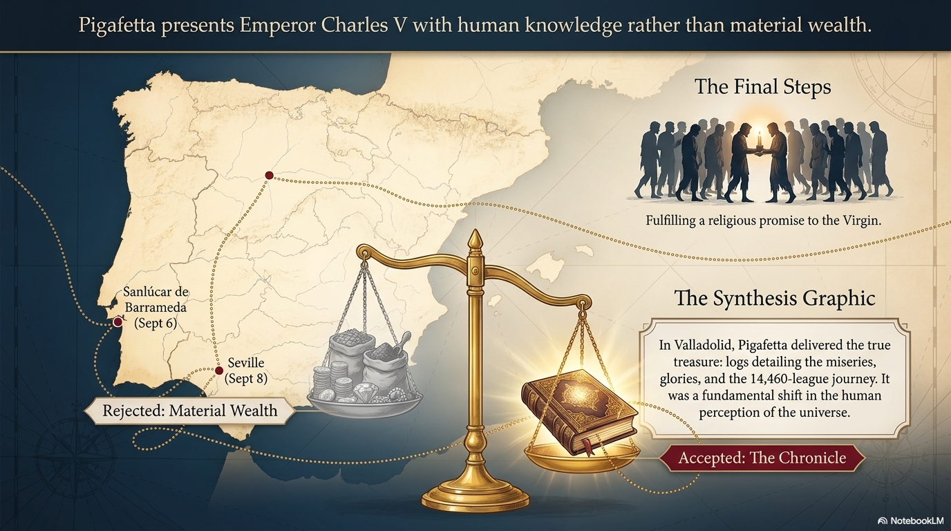 Pigafetta presents the Chronicle to Charles V — knowledge over gold.